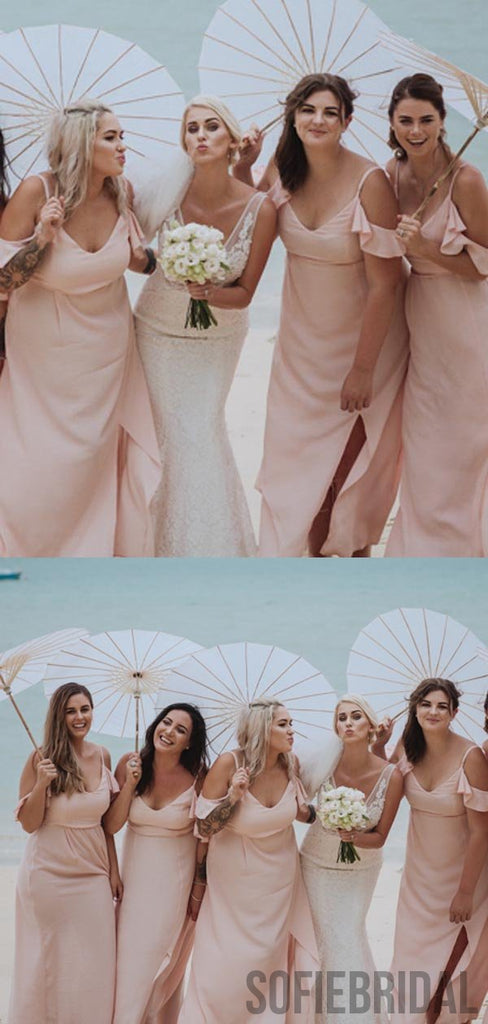 Blush Pink Long A-line Side Slit Beaching Wedding Bridesmaid Dresses, PD0899