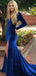 Long Sleeves V-neck Royal Blue Long Velvet Prom Dresses, Simple Prom Dresses, PD0753