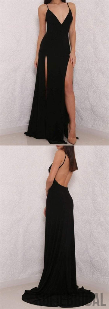 Spaghetti Black Side Slit Prom Dresses, Simple Cheap Prom Dresses, Long Prom Dresses, PD0664