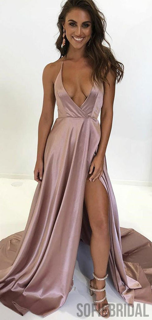 Deep V-neck Prom Dresses, Turquoise Prom Dresses, Long Side Slit Prom Dresses, PD0713
