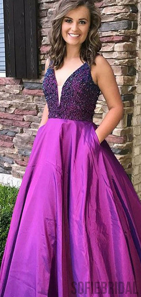 V-neck Beaded Long Prom Dresses, Satin Prom Dresses, A-line Cheap Prom Dresses, PD0712