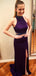 2 Pieces Beaded Purple Side Slit Prom Dresses, Sheath Long Prom Dresses, PD0708