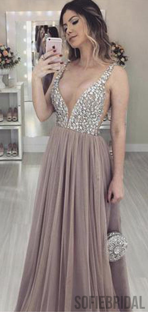 V-neck long A-line Rhinestone Tulle Prom Dresses, PD0979