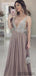 V-neck long A-line Rhinestone Tulle Prom Dresses, PD0979