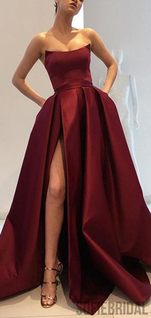 Strapless Long Side Slit Satin Prom Dresses, Cheap Prom Dresses, Long Prom Dresses, PD0729
