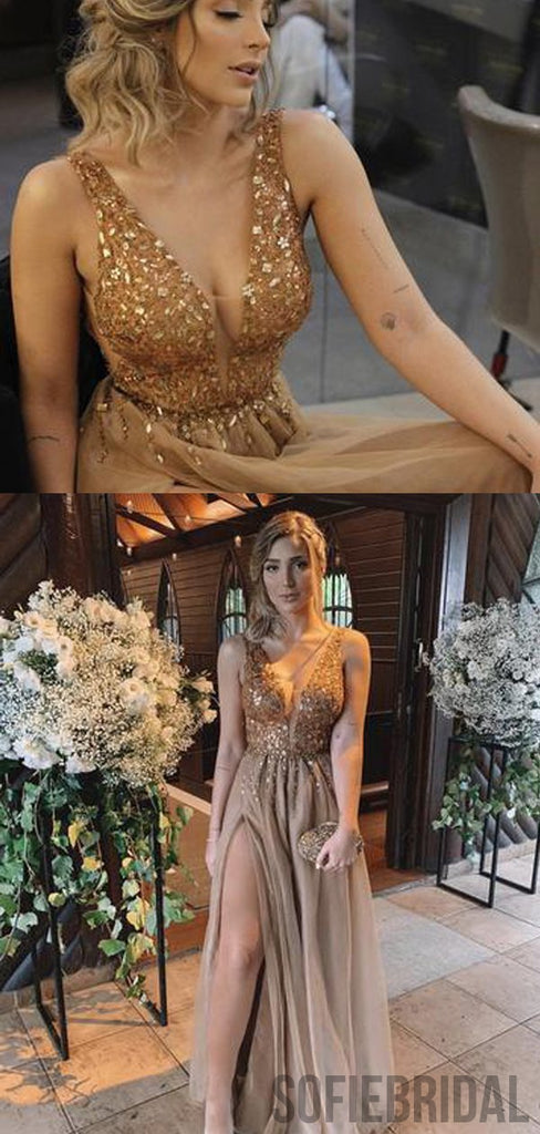 V-neck Rhinestone Long A-line Side Slit Prom Dresses, PD0980