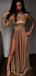 High Neck Long Sleeves Coffee Long Side Slit Prom Dresses, PD0795