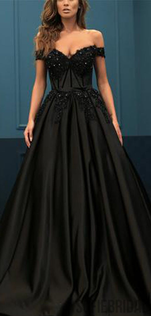 Off Shoulder Long A-line Black Satin Lace Beaded Prom Dresses, PD0977