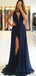 Navy Blue Appliques Chiffon Prom Dresses, Side Slit Prom Dresses, Prom Dresses, PD0707