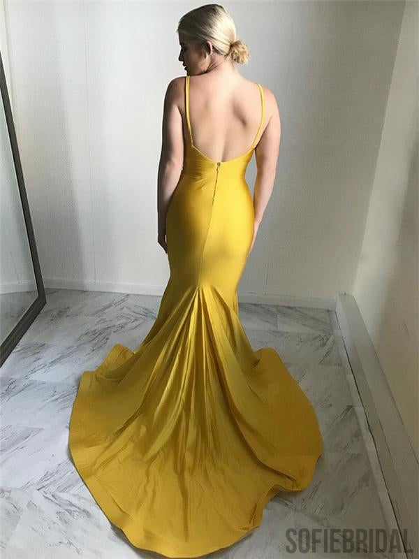 Spaghetti V-neck Prom Dresses, Yellow Mermaid Prom Dresses, Popular Prom Dresses, PD0691