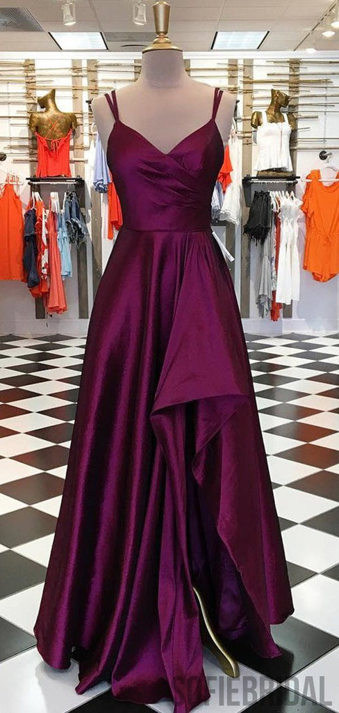 Long A-line Hi-low Plum Satin Prom Dresses, Formal Dresses, PD0886