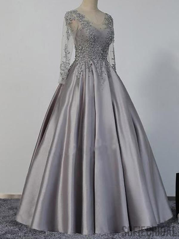 Long Sleeves Prom Dresses, Grey Prom Dresses, Satin Prom Dresses, Beaded Prom Dresses, PD0682