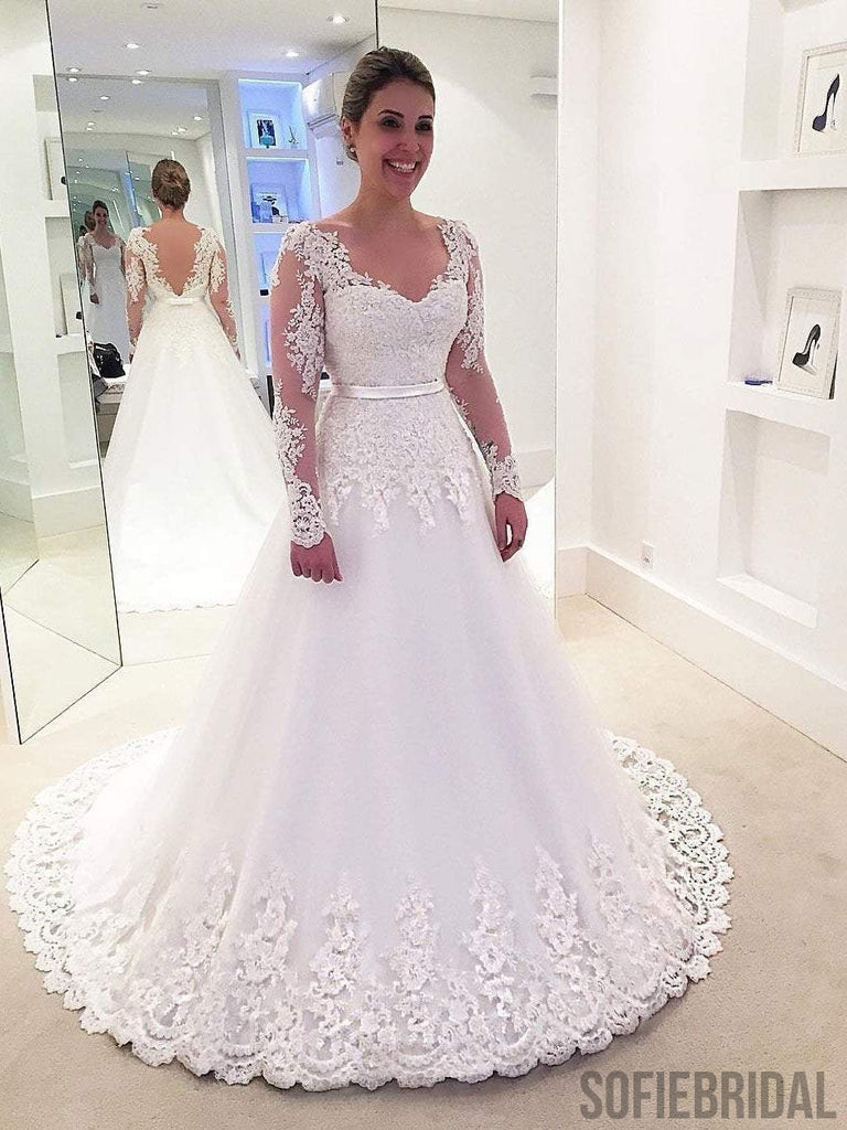 Long Sleeve Lace Backless A-line Cheap Wedding Dresses Online, WD338
