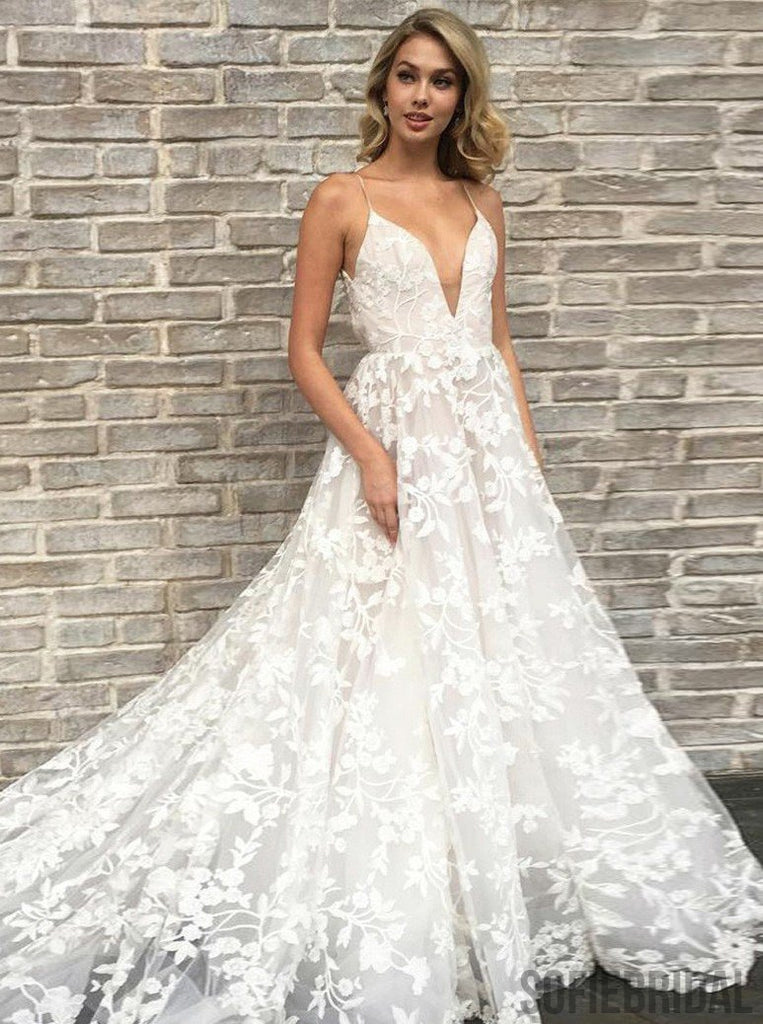 V-neck Long A-line Lace Wedding Dresses, Popular Wedding Dresses, WD0279