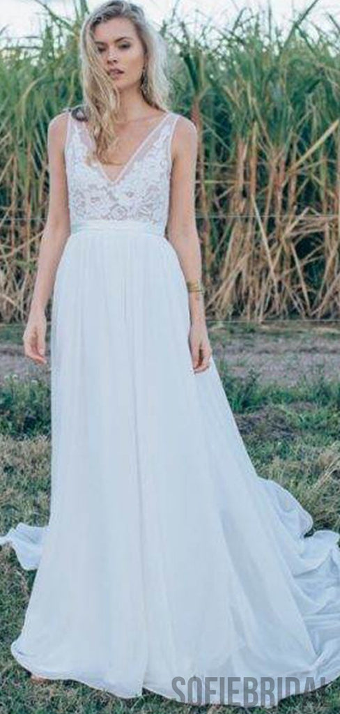 V-neck Lace Chiffon Long A-line Simple Country Wedding Dresses, WD0299