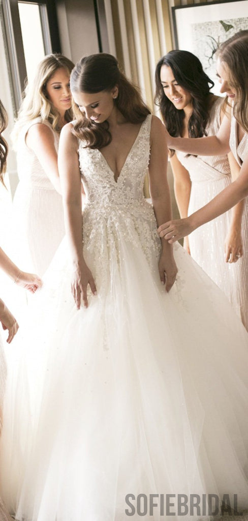 V-neck Long A-line Tulle Lace Wedding Dresses With Pearls, WD0300