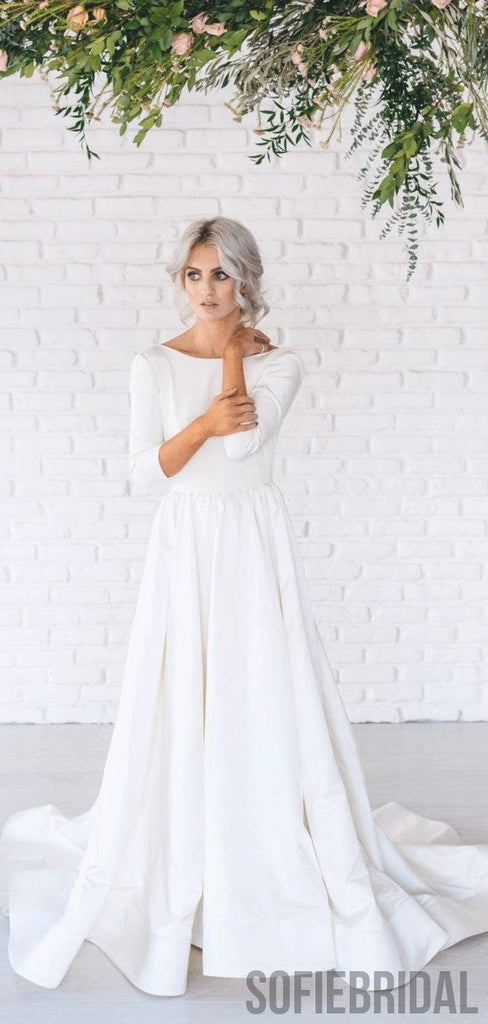 Scoop Neckline 3/4 Sleeves Long A-line Backless Wedding Dresses, WD0274