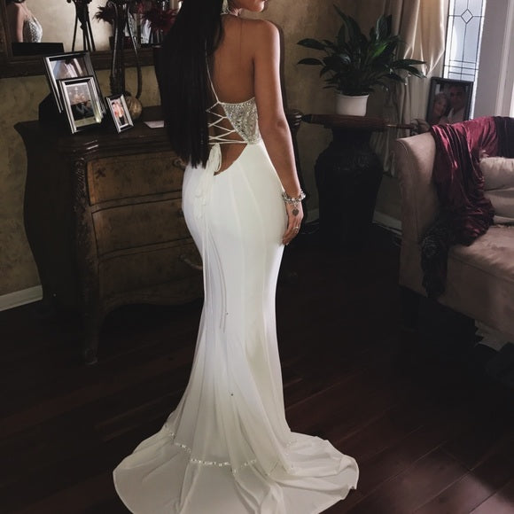 Spaghetti Long Mermaid Ivory Beaded Prom Dresses, Sexy Long Prom Dresses, PD0736