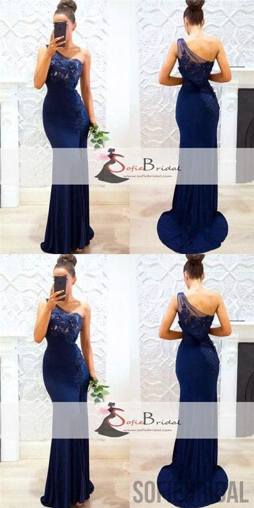 One Shoulder Navy Mermaid Bridesmaid Dresses, Lace bridesmaid Dresses, Long Bridesmaid Dresses, PD0501