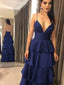 Spaghetti V-neck  Navy Long A-line Satin Prom Dresses, PD0833