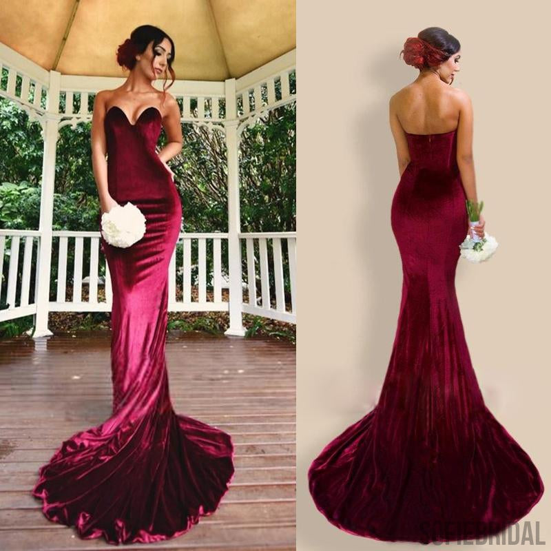 Sweetheart Velvet Long Mermaid Cheap Bridesmaid/Prom Dresses, PD0857