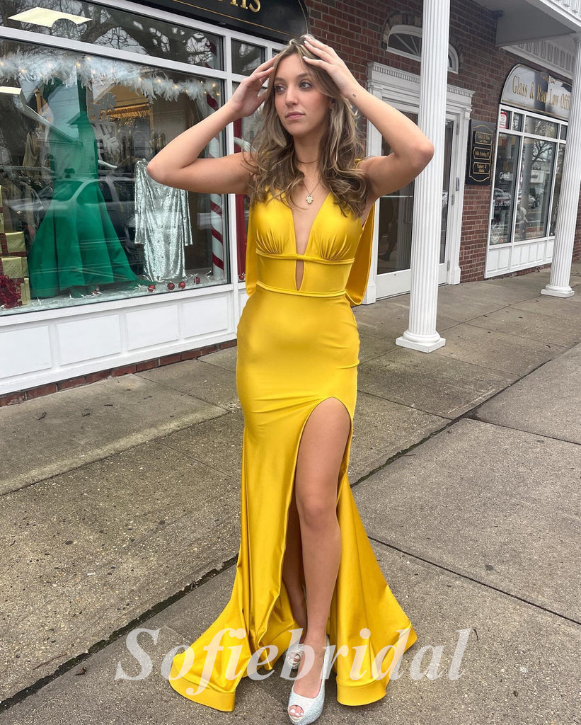 Sexy Soft Satin Spaghetti V-Neck Sleeveless Open Back Side Slit Mermaid Long Prom Dresses,PD0780