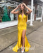 Sexy Soft Satin Spaghetti V-Neck Sleeveless Open Back Side Slit Mermaid Long Prom Dresses,PD0780