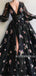 A-line Deep V-neck Long Sleeves Balck Lace Appliques Prom Dresses With Pleats, PD1018