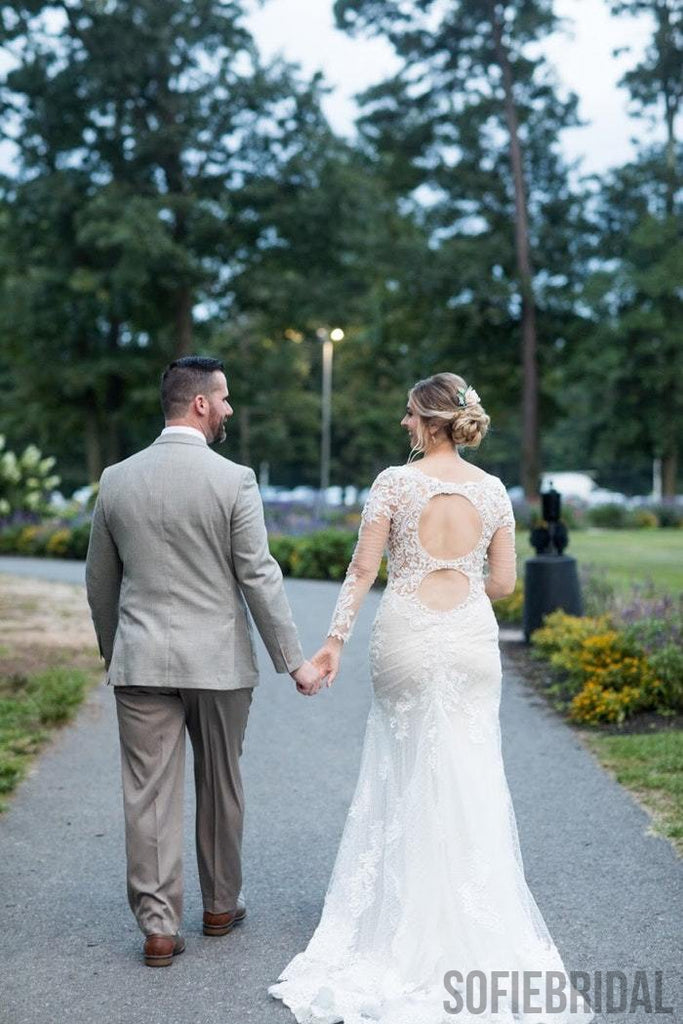 Sheath V-neck Long Sleeves Open-back Lace Wedding Dresses, WD0473