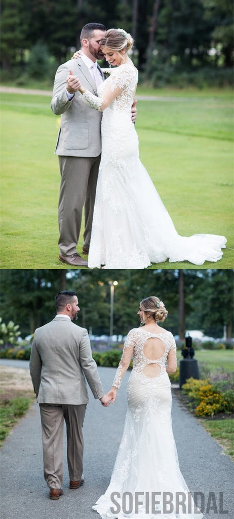 Sheath V-neck Long Sleeves Open-back Lace Wedding Dresses, WD0473