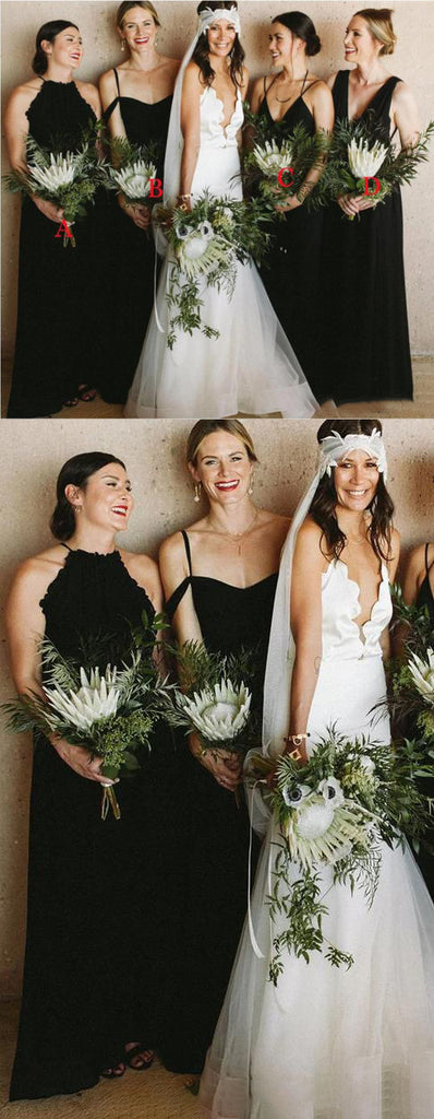 Mismatched Black Off Shoulder A-line Beautiful Long Bridesmaid Dresses, SFWG00424