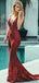 Deep V-neck Red Sequin Mermaid Prom Dresses, Long Cheap Prom Dresses, PD0710