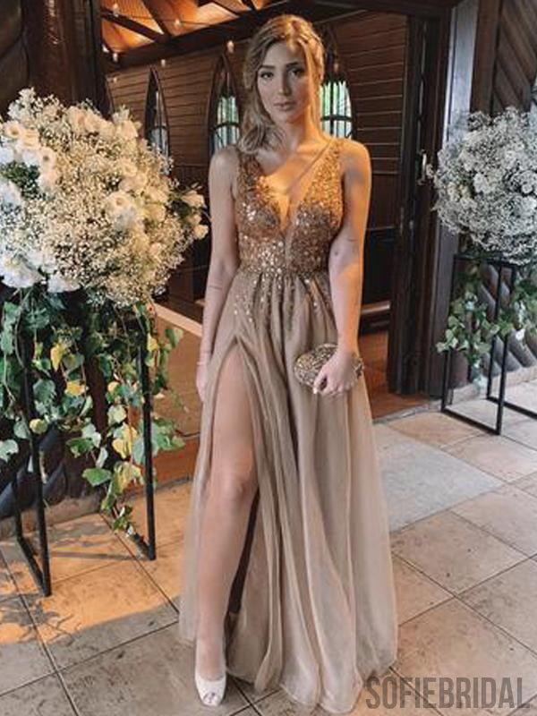 V-neck Rhinestone Long A-line Side Slit Prom Dresses, PD0980