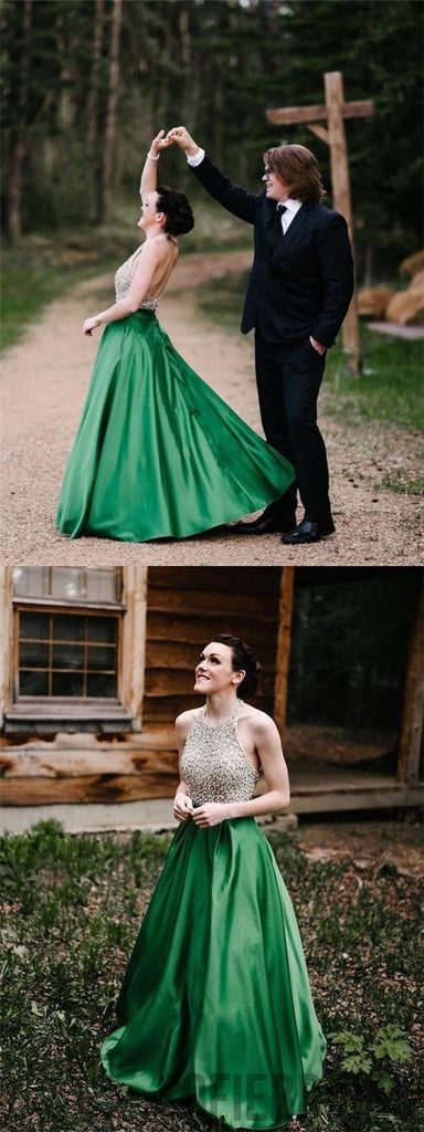 Halter Prom Dresses, Beaded Prom Dresses, Green Prom Dresses, Prom Dresses, PD0674