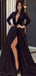 Long Sleeves V-neck Black Long A-line Prom Dresses, Side Slit Satin Prom Dresses , PD0761