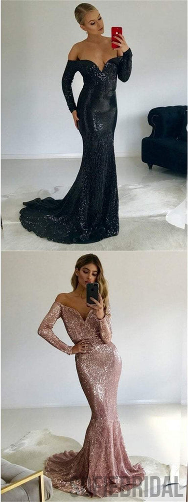Off Shoulder Sequin Prom Dresses, Long Sleeve  Mermaid Prom Dresses, Cheap Prom Dresses, PD0609