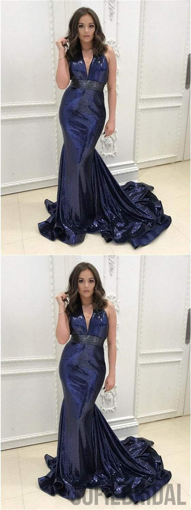 V-neck Sequin Prom Dresses, Navy Prom Dresses, Mermaid Prom Dresses, Prom Dresses, PD0607