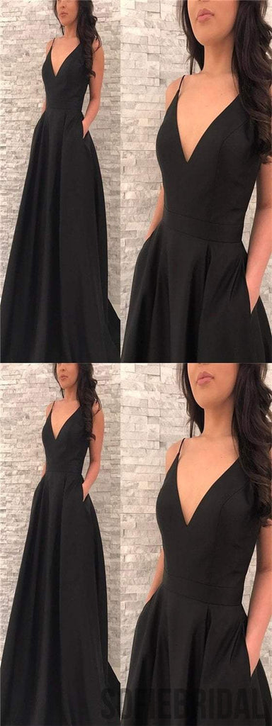 Spaghetti Black Satin Prom Dresses, V-neck Prom Dresses, Long Prom Dresses, Prom Dresses, PD0597
