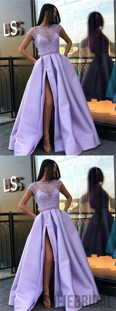 Short Sleeve Prom Dresses, Beaded Satin Prom Dresses, Cheap Prom Dresses, PD0673