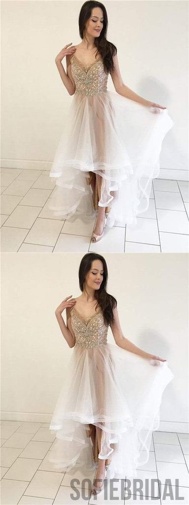 V-neck Beaded Rhinestone Prom Dresses, Hi-low Prom Dresses, Newest Prom Dresses, PD0634