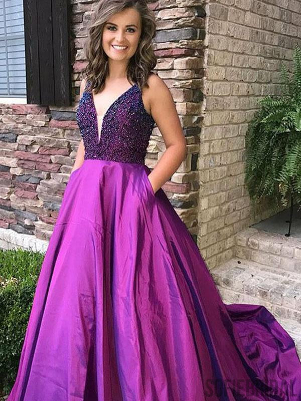 V-neck Beaded Long Prom Dresses, Satin Prom Dresses, A-line Cheap Prom Dresses, PD0712