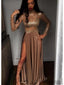 High Neck Long Sleeves Coffee Long Side Slit Prom Dresses, PD0795