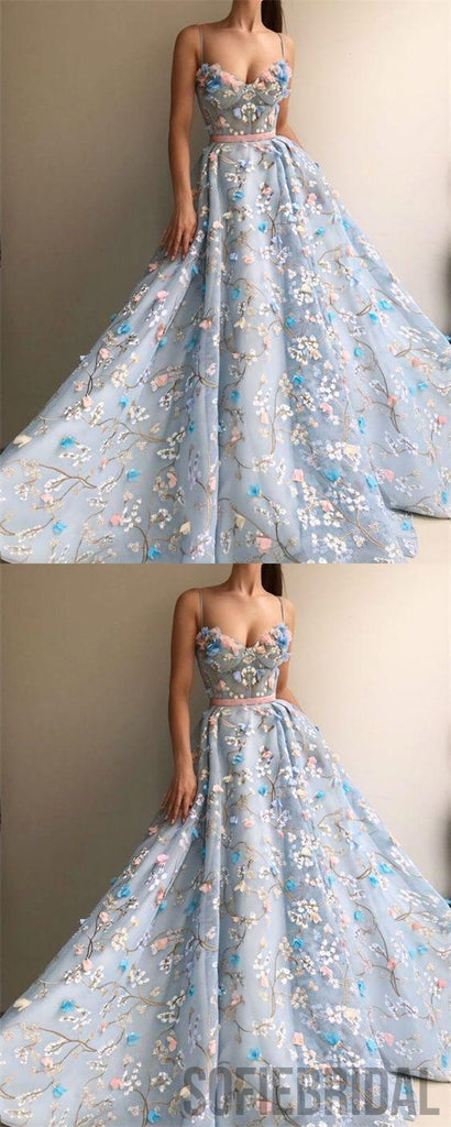 Spaghetti Floral Prom Dresses, Blue Prom Dresses, A-line Prom Dresses, Prom Dresses, PD0677