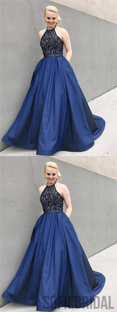 Halter Rhinestone Beaded Prom Dresses, Satin A-line Prom Dresses, Cheap Prom Dresses, PD0666