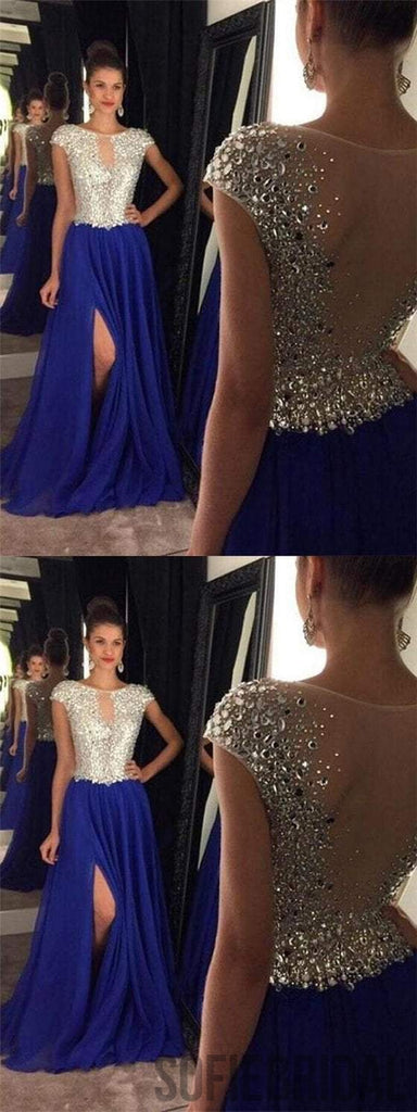 Cap Sleeve Prom Dresses, Rhinestone Prom Dresses, Side Slit Prom Dresses, Long Prom Dresses, PD0660