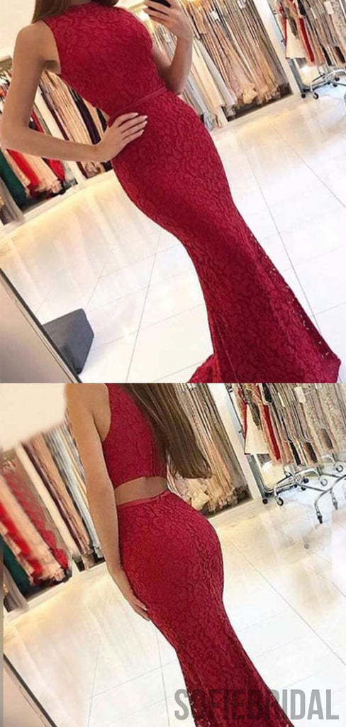 Sexy Red Lace Mermaid Prom Dresses, Newest Long Prom Dresses, PD0770