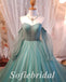Elegant Tulle  V-Neck Long Sleeves A-Line Long Prom Dresses, PD0852