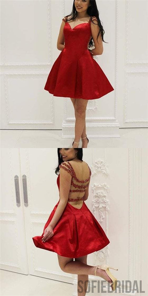 Red Satin Homecoming Dresses, Beaded Cute Homecoming Dresses, Popular Homecoming Dresses, SF0116