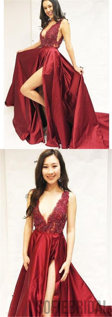 V-neck Lace Beaded Prom Dresses, Red Satin Prom Dresses, Long Prom Dresses, PD0669
