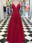 Red Appliques Lace Long A-line Tulle Prom Dresses, PD0791